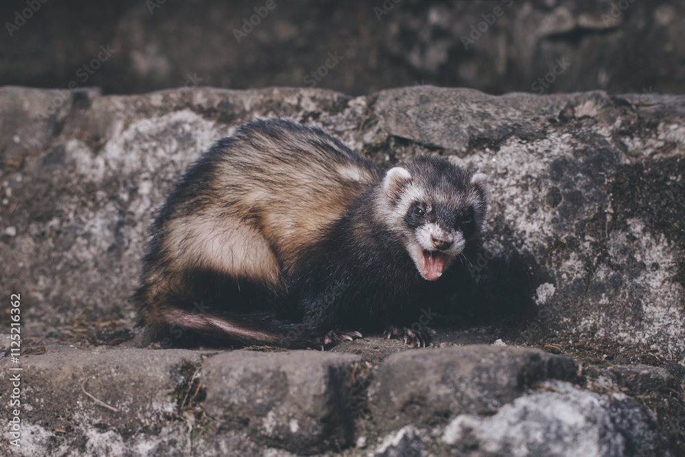 Obraz premium Standard color ferret posing for portrait on old outdoor stone stairs