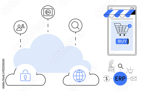 E-commerce store with connected icons for cloud services, security, and user profiles. Ideal for cloud storage, online shopping, business management, technology integration, digital commerce