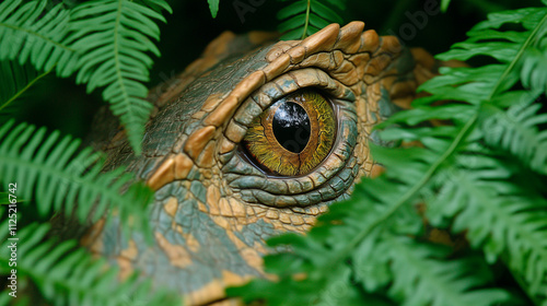 Ojo de dinosaurio entre helechos en la selva photo