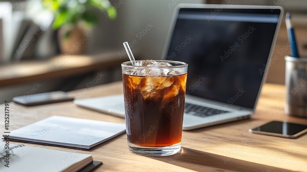 Refreshing Iced Coffee Drink on a Desk with Laptop and Notebooks Refreshing Iced Coffee Drink on a Desk with Laptop and Notebooks