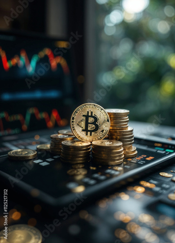 stack of bitcoins on a digital tablet on the table with stock market and bitcoin charts on the screen in background