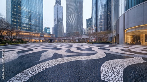 Fototapeta Naklejka Na Ścianę i Meble -  A city square with unique stone patterns, set against the bold lines of contemporary skyscrapers