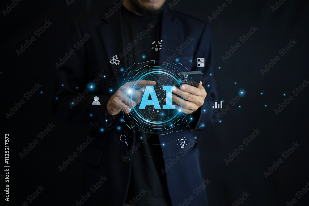Businessman using AI-powered technology on a mobile device, showcasing innovation and seamless integration of artificial intelligence into daily operations.