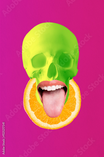 Sketch image artwork composite 3D photo collage of feeding dinner restaurant cooking meal orange citrus slice bone skull mouth lips tongue photo