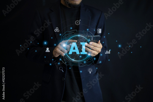 Obraz na płótnie Businessman using AI-powered technology on a mobile device, showcasing innovation and seamless integration of artificial intelligence into daily operations. w salonie