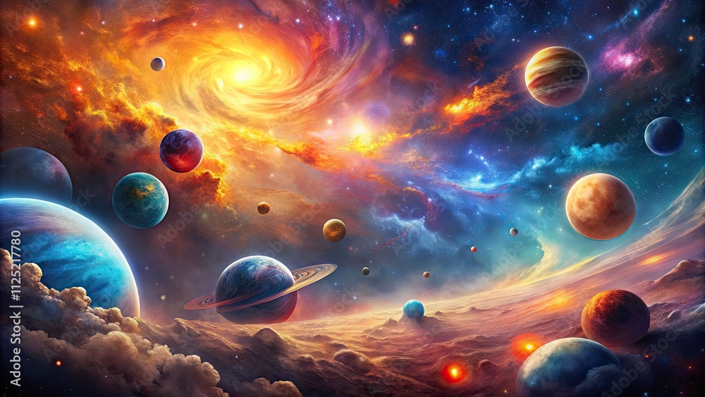 A vibrant cosmic panorama: nebulae blaze, planets gleam, interstellar gas swirls across the canvas.