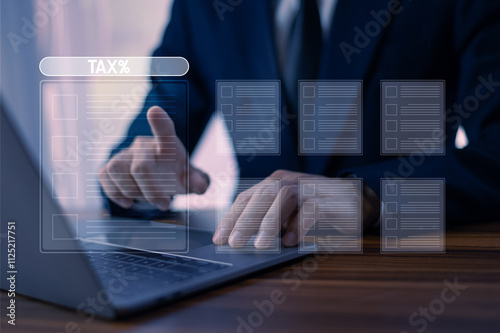 Obraz na płótnie Businessman analyzing tax management strategies to optimize financial performance and ensure compliance with regulatory standards in a dynamic corporate environment. w salonie