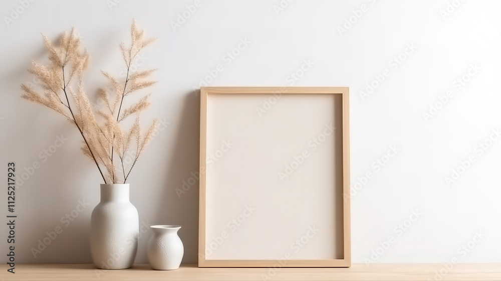 Luxurious Minimalist white frame next to dried flowers in a ceramic vase on a wooden surface Luxurious Minimalist white frame next to dried flowers in a ceramic vase on a wooden surface