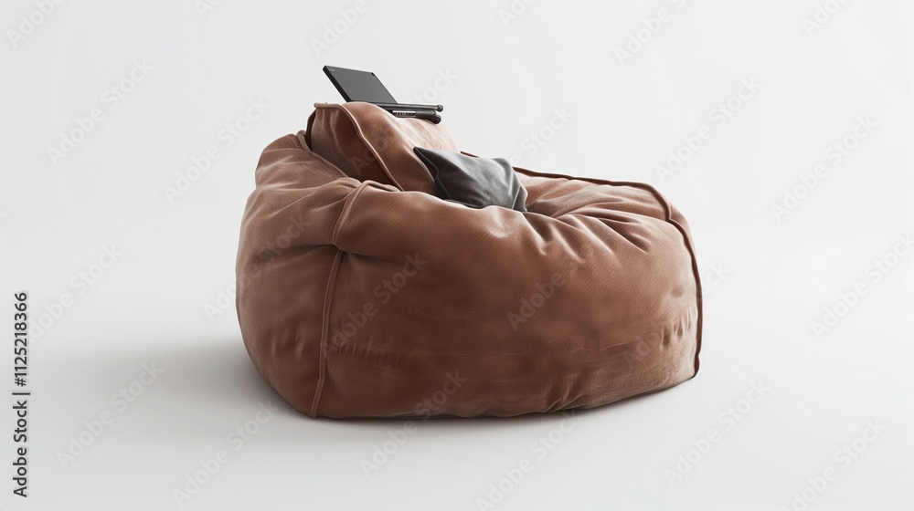 A trendy bean bag with a sleek gadget on top, isolated on a bright white backdrop, representing a blend of casual comfort and modern technology. A trendy bean bag with a sleek gadget on top, isolated on a bright white backdrop, representing a blend of casual comfort and modern technology.