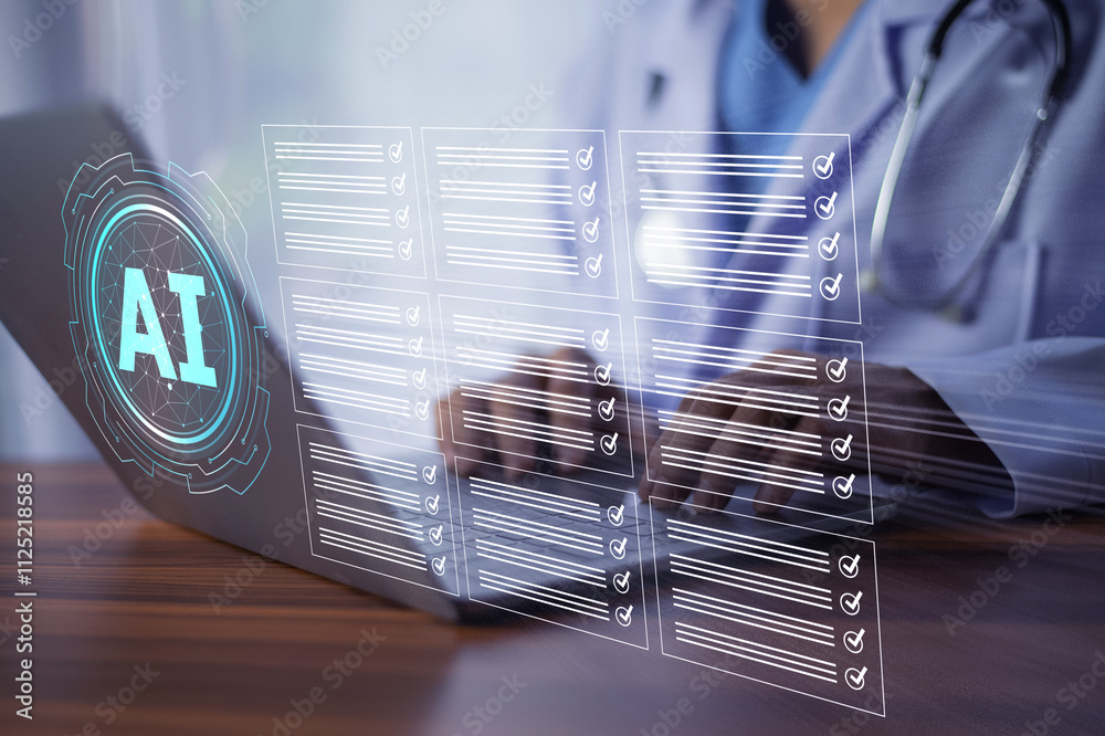 Doctor reviewing AI-generated documents to assist in diagnosing complex medical conditions, ensuring precise patient care.