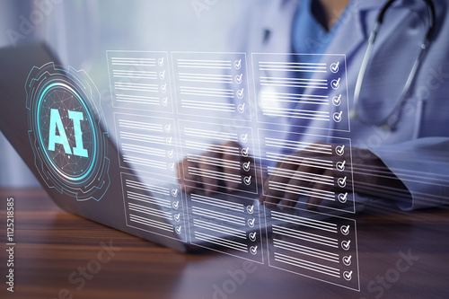 Obraz na płótnie Doctor reviewing AI-generated documents to assist in diagnosing complex medical conditions, ensuring precise patient care. w salonie