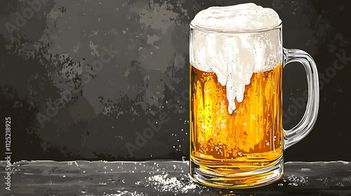 Classic Beer Mug Filled with Frothy Golden Ale on Dark Surface