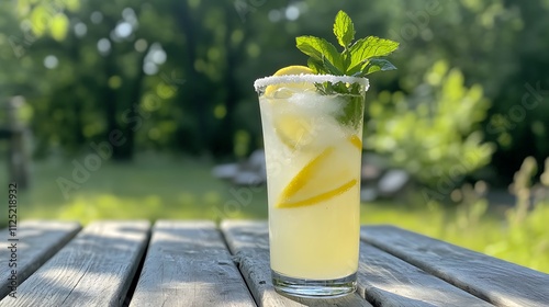 Refreshing Lemonade with Mint and Lemon Slices in Summer Garden