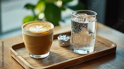 Coffee with Latte Art and Glass of Sparkling Water on Wooden Tray