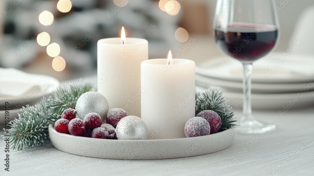 Festive Christmas table setting with candles, wine, ornaments, and cranberries.
