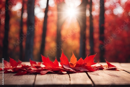 A minimal aesthetic background with autumn red leaves is used for the presentation of a wooden photo