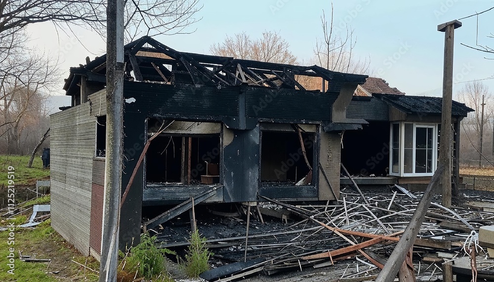 Fototapeta premium A small house destroyed by fire. Generated by AI.
