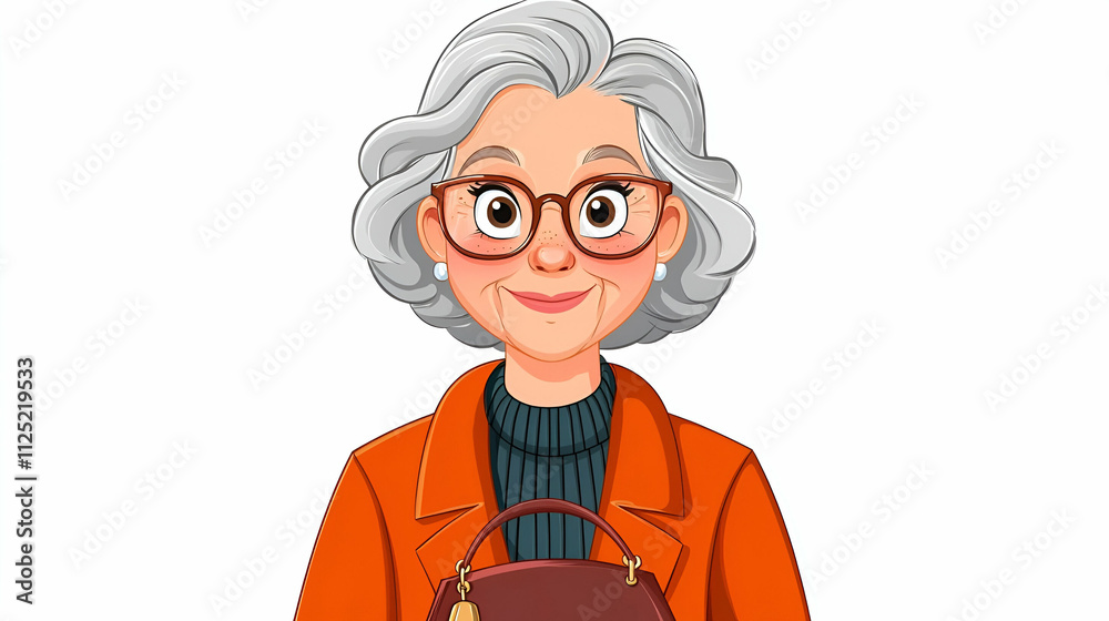 A cheerful elderly woman with gray hair and glasses, wearing an orange coat and holding a handbag, radiates warmth and friendliness. A cheerful elderly woman with gray hair and glasses, wearing an orange coat and holding a handbag, radiates warmth and friendliness.