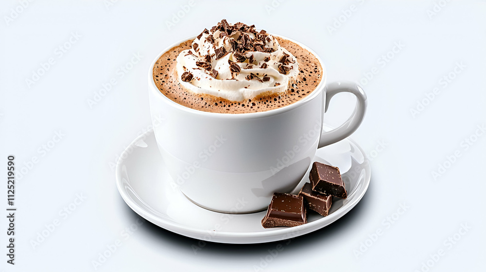 A creamy cup of coffee topped with whipped cream and chocolate shavings, accompanied by pieces of chocolate on the side. A creamy cup of coffee topped with whipped cream and chocolate shavings, accompanied by pieces of chocolate on the side.