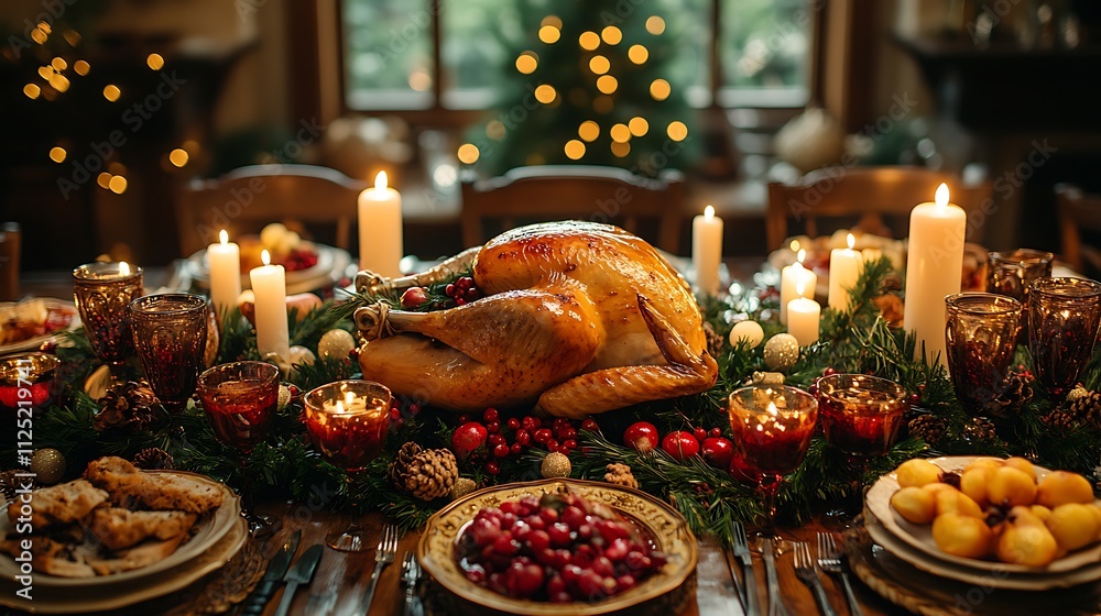 Roasted turkey centerpiece on a lavish Christmas dinner table with candles, evergreen garland, and festive food. Roasted turkey centerpiece on a lavish Christmas dinner table with candles, evergreen garland, and festive food.