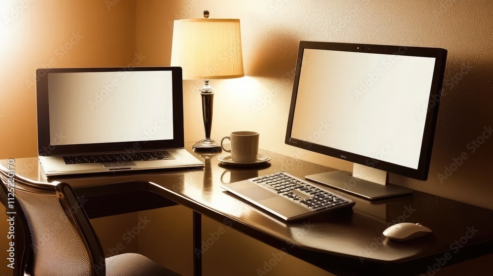 White screen Laptop and computer on Table with Lamp White screen Laptop and computer on Table with Lamp