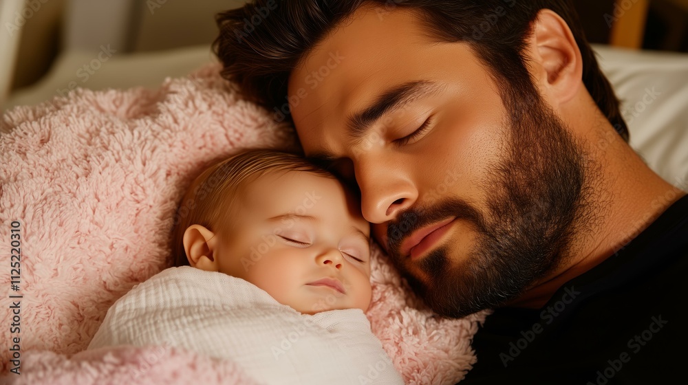 Serene bond: peaceful father and baby sleeping together on soft blanket Serene bond: peaceful father and baby sleeping together on soft blanket