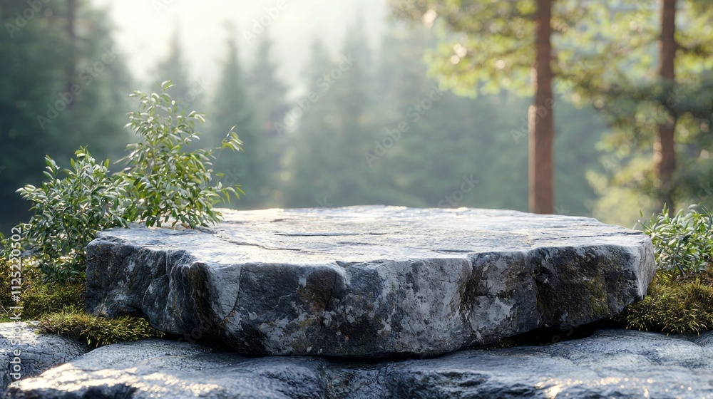Fototapeta premium A sturdy stone podium rests on a rocky platform, encircled by vibrant greenery and towering trees. Soft light filters through the foliage, creating a serene and enchanting ambiance