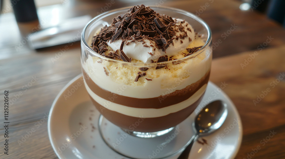 Hot chocolate layered with mousse and dark chocolate shavings. Hot chocolate layered with mousse and dark chocolate shavings.