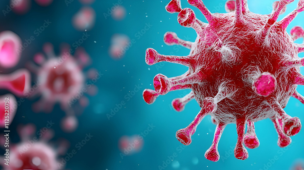 Microscopic view of a virus with spiky structures, showcasing intricate details against a blue background, symbolizing infection and disease. Microscopic view of a virus with spiky structures, showcasing intricate details against a blue background, symbolizing infection and disease.