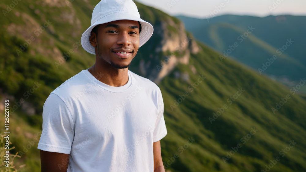 Young black man wearing white t-shirt and white bucket hat standing on a mountain Young black man wearing white t-shirt and white bucket hat standing on a mountain