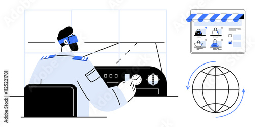 Pilot in uniform interacts with airplane control panel wearing a VR headset. Global sphere with arrows and online shop window with products and checkmarks. Ideal for technology, VR, aviation