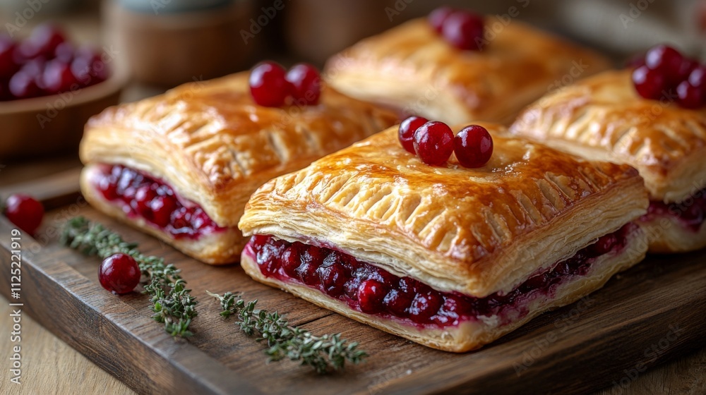 Warm pastries filled with sweet cranberry mixture sit on a rustic wooden platter, garnished with fresh cranberries and herbs, invitingly displayed for a delightful treat. Warm pastries filled with sweet cranberry mixture sit on a rustic wooden platter, garnished with fresh cranberries and herbs, invitingly displayed for a delightful treat.