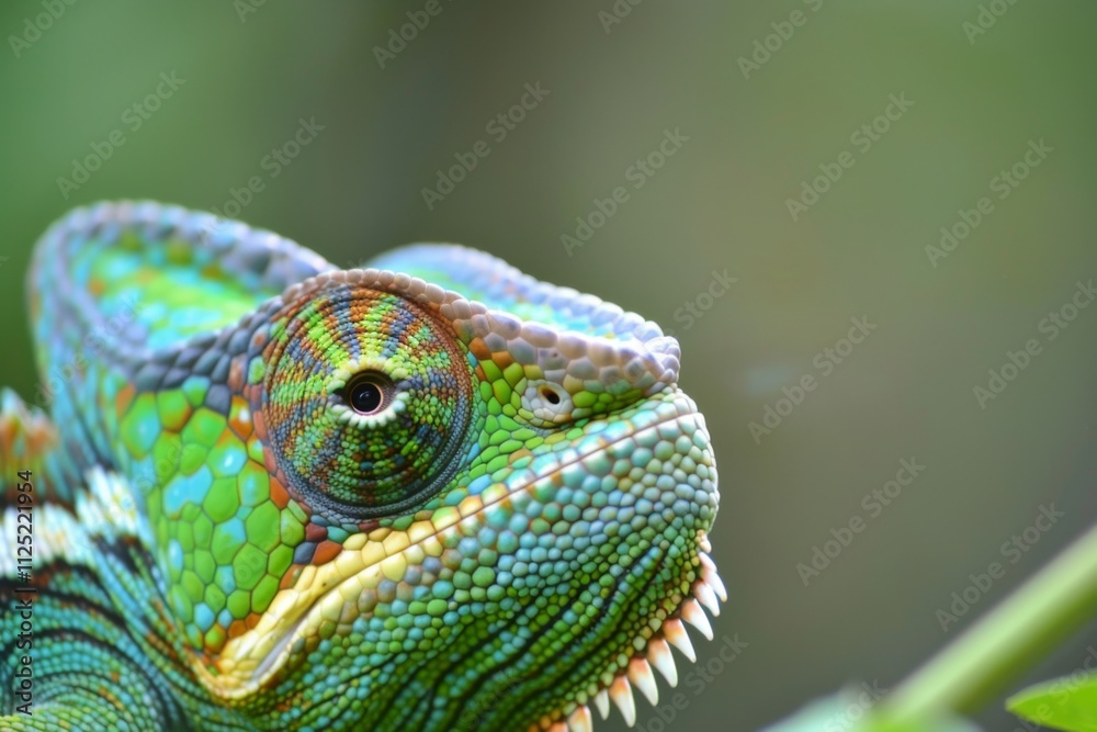 Fototapeta premium A striking close up reveals a chameleon blending beautifully into its natural environment. The delicate features and vivid colors showcase natures artistry in the wild.