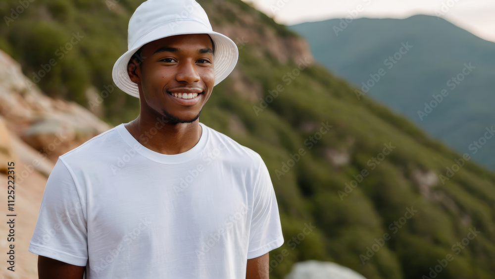 Young black man wearing white t-shirt and white bucket hat standing on a mountain Young black man wearing white t-shirt and white bucket hat standing on a mountain