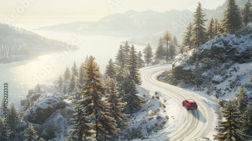 Aerial View of a Red SUV on a Scenic Winding Road