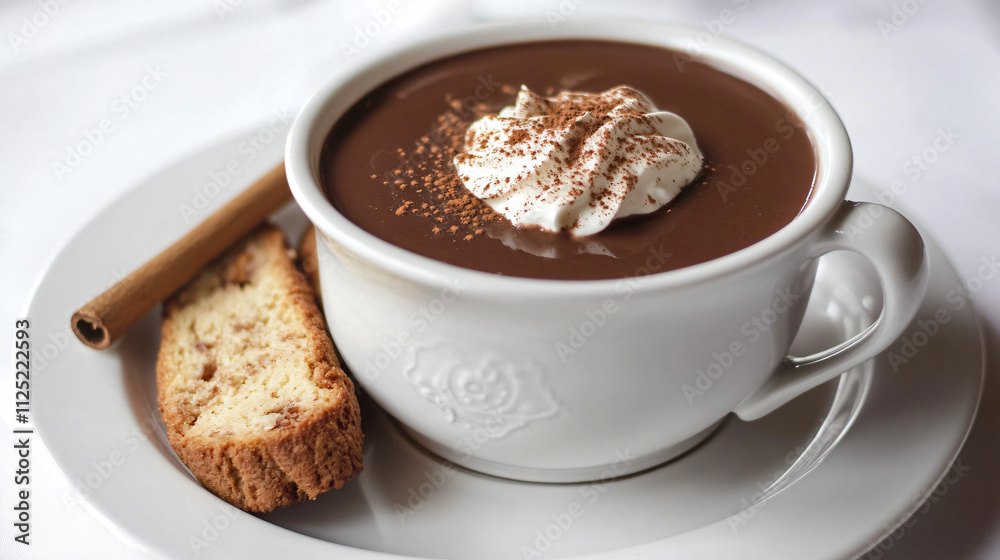 Hot chocolate paired with a small plate of biscotti and a cinnamon stick.
