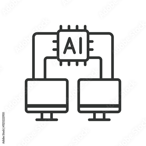 Computer Communication with AI, icon in line design. Computer, communication, AI, connection, technology on white background vector. Computer Communication with AI editable stroke icon