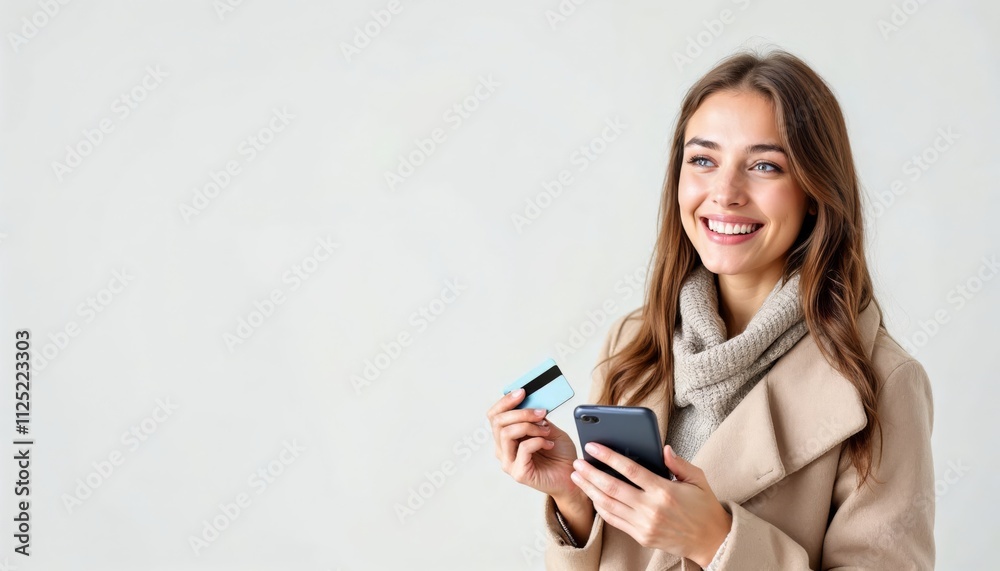 Joyful Young Woman Shopping with Smartphone and Credit Card in Modern Indoor Setting Joyful Young Woman Shopping with Smartphone and Credit Card in Modern Indoor Setting