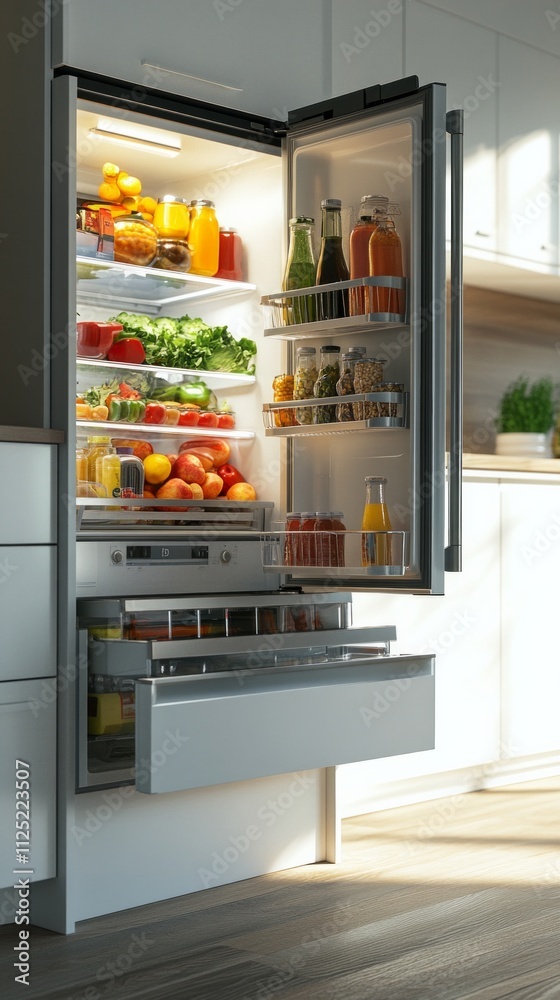 Modern refrigerator with assorted fruits and vegetables in sunlit kitchen.