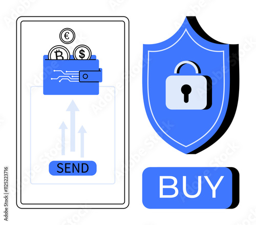 Mobile screen showing digital wallet with cryptocurrency and fiat currency coins being sent, alongside a shield with a lock and a BUY button. Ideal for finance, e-commerce, security, cryptocurrency