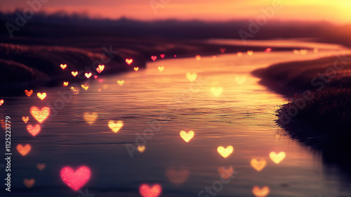 Romantic Sunset River with Heart-Shaped Bokeh Lights (walentynka)