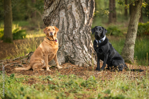 Two Labradors sitting in the early morning sun at Swinley Forest