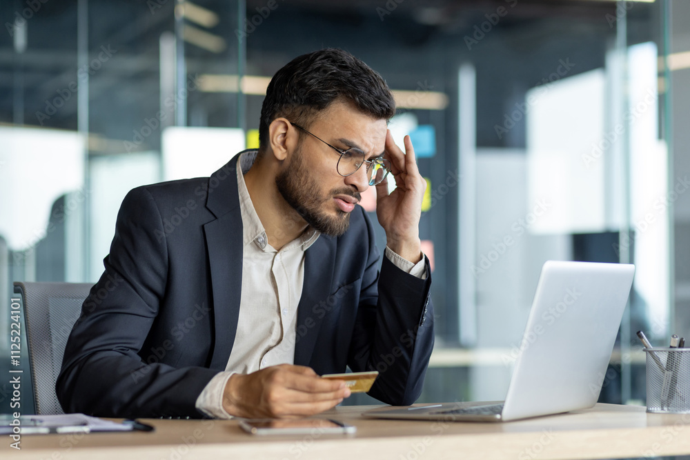A businessman expresses stress as he holds a credit card while working on a laptop. The office environment suggests financial concerns or online transactions, highlighting challenges in the business A businessman expresses stress as he holds a credit card while working on a laptop. The office environment suggests financial concerns or online transactions, highlighting challenges in the business