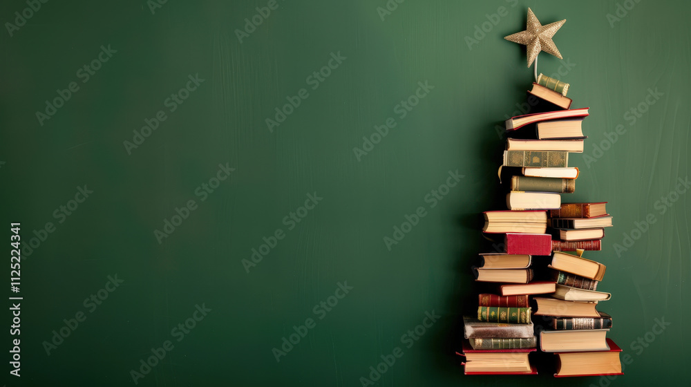 christmas tree made out of books on green background christmas tree made out of books on green background