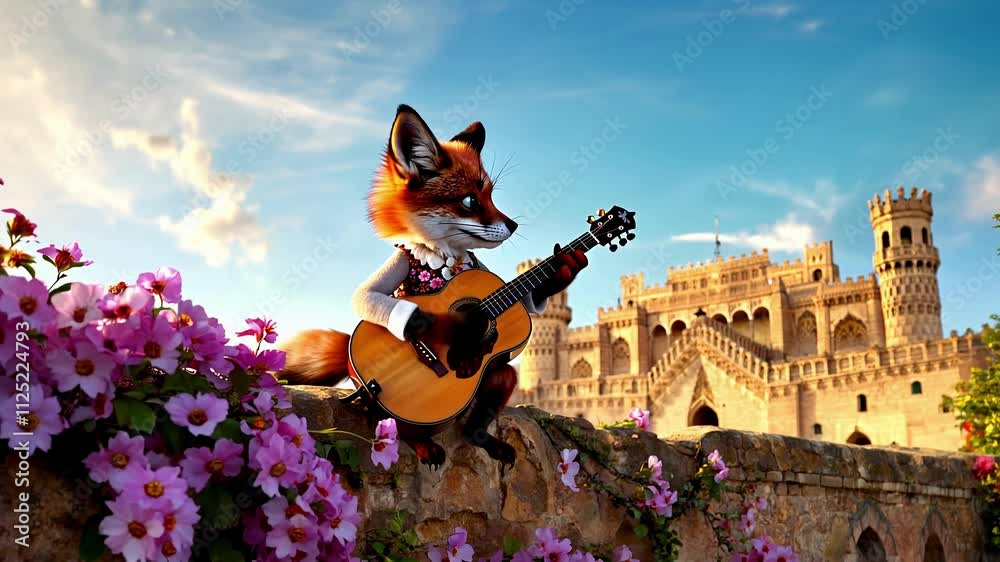 A cute funny red fox plays the guitar. Spanish town as background. Music and funny character. Animated video