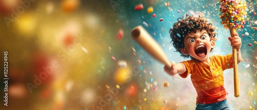 A joyful child with curly hair swings a bat and a colorful stick, surrounded by confetti, expressing excitement and exuberance.