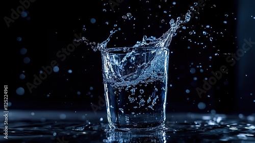 Water splashing in a glass on a dark background.