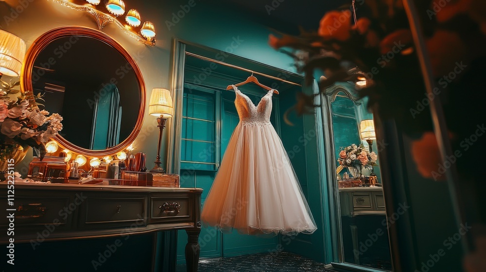 Elegant wedding gown displayed in a charming dressing room captivating decor and soft lighting romantic atmosphere Elegant wedding gown displayed in a charming dressing room captivating decor and soft lighting romantic atmosphere
