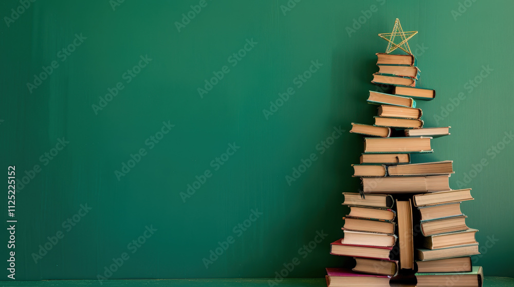 christmas tree made out of books on green background christmas tree made out of books on green background