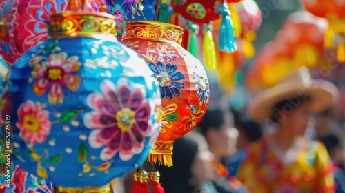 Colorful lanterns, festival decorations, vibrant colors, cultural celebration, illuminated nights, festive atmosphere, traditional art, joyful gatherings, outdoor events, beautiful craftsmanship